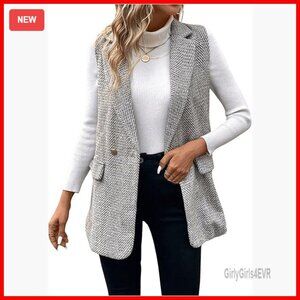 Sleeveless Long Blazer Vest Tweed Business Work Jacket Open Front
